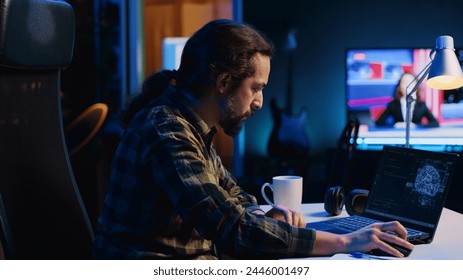 Self employed developer updating artificial intelligence machine learning algorithm, writing binary code scripts. IT expert working from home using programming to upgrade AI brain, camera A