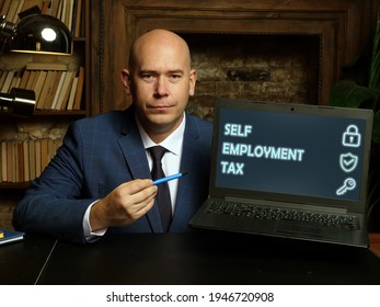  SELF EMPLOYMENT TAX Text In Search Bar. Merchant Looking For Something At Laptop. SELF EMPLOYMENT TAX Concept. 
