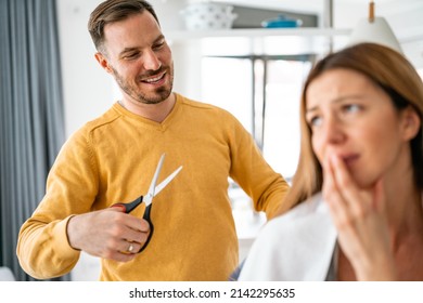 Self Hair Care During Quarantine. Couple Having Hair Cut At Home Isolation Coronavirus Pandemic