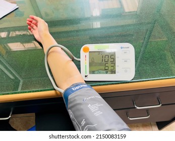 Self Health Check Blood Pressure And Hearth Rate With Digital Pressure Gauge Standard Blood Pressure Test Results. Health And Medical Concept , 27 April 2022 , Buriram Province.