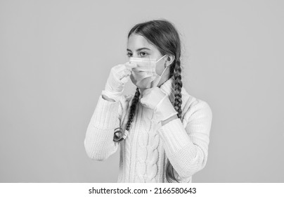 self hygiene concept. virus pneumonia. patient child wearing respirator mask. safety protective items during coronavirus pandemic outbreak. symptom of covid 19. girl need igg immunity test