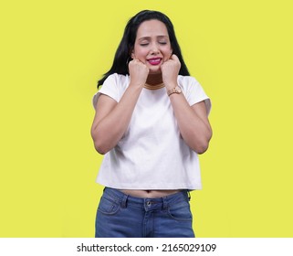 Self Love Concept. Isolated Over Red Pink Background. Positive, Smiling Confident. Self Love And Self Care. Woman In Self Love. Indian Woman Eye Closed Giving Cute And Lovely Expression.