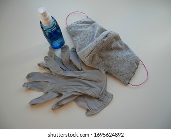 Self Made Mask Disinfectant And Rubber Gloves 