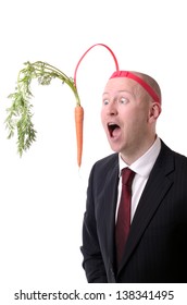 Self Motivation Of Dangling A Carrot On A Stick Isolated On White