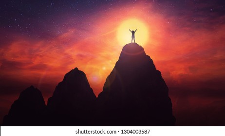 Self overcome concept as a woman climb tall mountains obstacles over the clouds for achieving success. Road to win with up and downs, and person raising hands up feel free over sunset sky background. - Shutterstock ID 1304003587