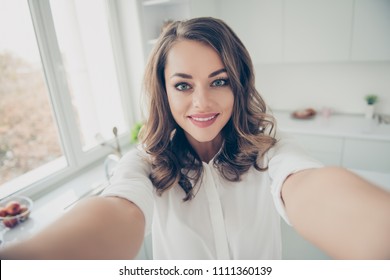 Self Portrait Of Charming Trendy Lovely Cute Woman In Shirt Shooting Selfie On Front Camera With Two Hands Having Video Call With Her Lover