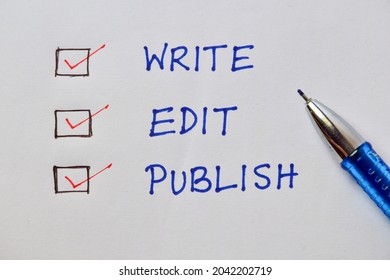 Self publishing concept. Write Edit Publish handwritten text on white page background.  - Shutterstock ID 2042202719