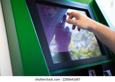 Self Service Payment Terminal, Male Hand Touch The Touchscreen Display, Buy Tickets, Order Food, Interactive Information Kiosk