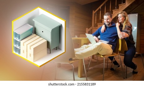 Self storage for family. Spouses in living room of cottage. Man and woman choose self storage. Search for self storage via Internet. Warehouse with boxes and chest drawers. Warehouse for safekeeping - Shutterstock ID 2155831189