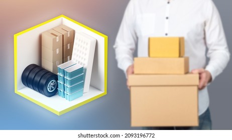 Self storage unit. Small container with boxes and mattress. Storage room sectional view. Blurred man with boxes in background. Storage cell for personal belongings. Warehouse for safekeeping - Shutterstock ID 2093196772