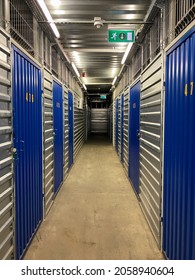 Self Storage Units. Self Store Facilities With Blue Doors. Interior Units In Debrecen, Hungary. October 2021.