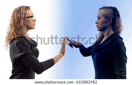 Self talk concept. Young blond caucasian woman talking to herself in mirror reflection, showing gestures. Double portrait from two different side views. Stock photo © 