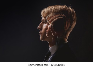 Self-confidence, psychological problems and complexes. Profile of a young man with a lot of personalities in the subconscious