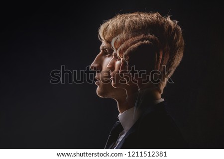Self-confidence, psychological problems and complexes. Profile of a young man with a lot of personalities in the subconscious