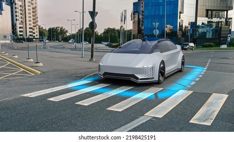 Self-Driving 3D Car Concept: Autonomous Vehicle Stops Before Crosswalk. Visualization Of Safety Features: Scanning Surroundings, Detecting Pedestrian, Stopping Before Crosswalk