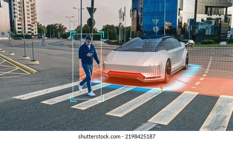 Self-Driving 3D Car Concept: Person Steps on a Crosswalk, Autonomous Vehicle Stops Before Him. Visualization of Safety Features: Scanning Surroundings, Detecting Pedestrian, Stopping before Crosswalk - Shutterstock ID 2198425187