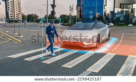 Self-Driving 3D Car Concept: Person Steps on a Crosswalk, Autonomous Vehicle Stops Before Him. Visualization of Safety Features: Scanning Surroundings, Detecting Pedestrian, Stopping before Crosswalk