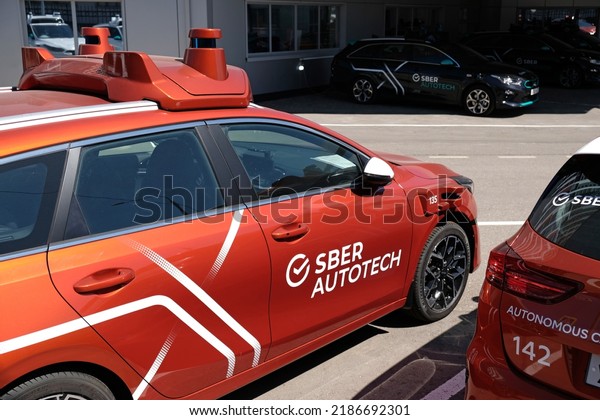 Self-driving car system from SBER AUTOTECH
undergoing testing in Moscow  - July, 2022. The vehicle is equipped
with numerous LiDAR sensors.High definition LiDAR for self driving
car sensor.