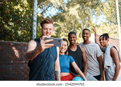 Selfie, basketball and fitness with friends on court for sports training, health and workout club. Social media, photography and picture with people and outdoor for summer, wellness and teamwork - Powered by Shutterstock