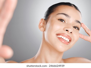 Selfie, beauty portrait or woman in studio with smile for social media, cosmetics review or profile picture. Girl model, peace sign or face photography for skincare or dermatology on white background - Powered by Shutterstock