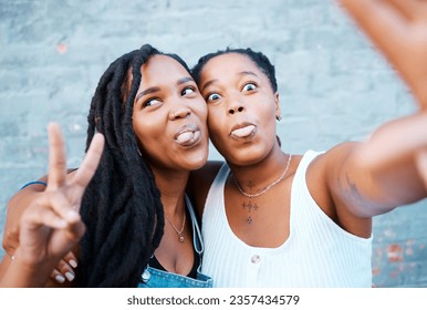 Selfie of black friends in city, happy funny face together and video call technology with 5g network in San Francisco. Cool african women have fun in summer and streaming online social media content