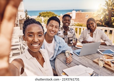 Selfie Of Business People At Restaurant Having A Collaboration Marketing Discussion With Laptop And Champagne Glasses Or Wine To Celebrate Project Goals. Happy Friends Or Workers At Staff Party