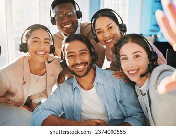 Selfie, call centre and people with headset in office for communication, customer service or telemarketing. Diverse group, man and woman with smile, happy and pose for teamwork, collaboration or bond - Powered by Shutterstock