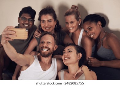 Selfie, diversity and group of people in yoga class with about us, support and teamwork for social media. Students, friends and happiness for training, wellness and bonding for post, network or app - Powered by Shutterstock