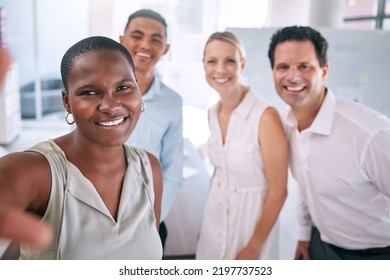 Selfie, Diversity And Happy Business People Looking Happy Together In A Startup Office. Casual Workplace And Employees Engagement With Teamwork And Healthy Staff In In A Positive Work Environment