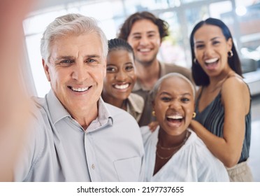 Selfie, Diversity And Happy Business People Looking Happy Together In A Startup Office. Corporate Workplace And Employees Engagement With Teamwork And Healthy Staff In In A Positive Work Environment