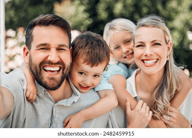 Selfie, family and happy with piggyback in garden at home for bonding, support and care. Parents, kids and smile on portrait for child development or growth with creating memories for social media - Powered by Shutterstock