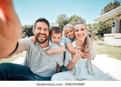 Selfie, family and smile with piggyback in garden at home for bonding, support and care. Parents, kids and smile on portrait for child development or growth with creating memories for social media - Powered by Shutterstock