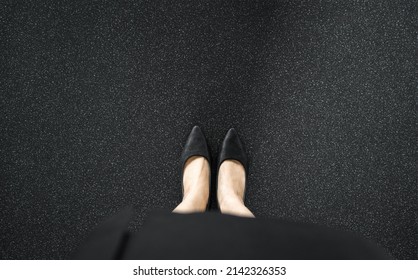 Selfie Of Feet And Legs Shoes Black High Heel On Road City Street Floor Background. Top View Of Business Woman Standing Wearing Footwear In Outdoor.