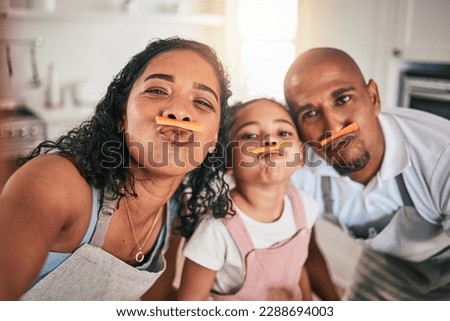 Selfie, food or portrait of girl and parents in funny face, child development and bonding in kitchen. Family home, cooking fun and silly mom, dad and kid for playful vegetable picture of healthy meal