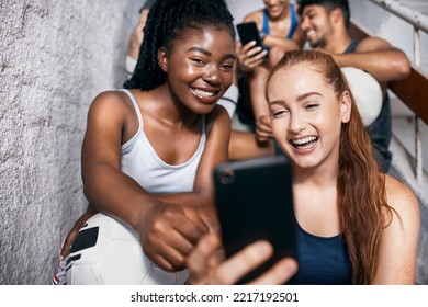 Selfie, Friends And Sports Group On Stairs After Fitness Workout Training Together. Smile, Diversity Happy Men And Women Sport Athletes Positive Bonding On Social Media Video On Smartphone App