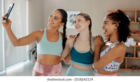 Selfie, friends and women in yoga with smile for social media, online post and profile picture. Happy, pilates and people take photo after exercise, training and workout for wellness and health - Powered by Shutterstock