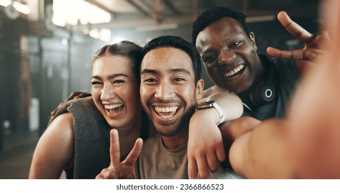 Selfie, funny face and fitness with friends at gym for social media, workout and health. Support, profile picture and wellness with people and training for teamwork, photography and exercise together - Powered by Shutterstock