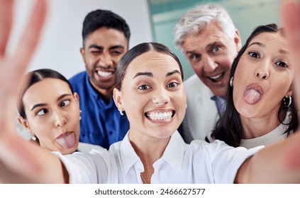 Selfie, funny and portrait of business people in office with team building, bonding or friendship. Happy, about us and group of lawyers with silly, goofy or comic face for photography in workplace. - Powered by Shutterstock