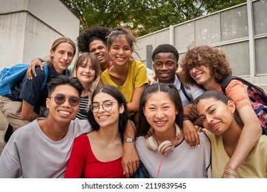 Selfie Of A Group Of Students Looking At The Camera Smiling. Happy To Be Back To School.