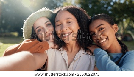 Selfie of group of women, camping and nature for summer vacation with smile, trees and sunshine. Relax, portrait of happy friends in forest on camp holiday with friendship, diversity and outdoor time