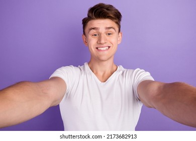 Selfie Of Handsome Young Man Blogger Make Self Shot Video Call Isolated Bright Color Background