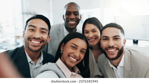 Selfie, happy and face of business people in the office for team building, fun or bonding. Smile, diversity and portrait of group of lawyers taking a picture together by a meeting in modern workplace - Powered by Shutterstock