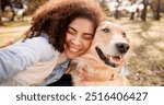 Selfie, hug and woman in park, dog and bonding together with nature, happiness and kindness. Pet lover, person and girl with animal, best friend and cheerful with memory, outdoor and profile picture