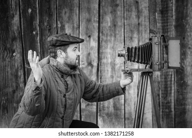 Selfie Of Old Fashioned Man On Large Format Camera. Idea- Selfie