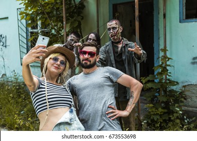 Selfie On A Background Of Zombies, Zombies Tied To An Abandoned House