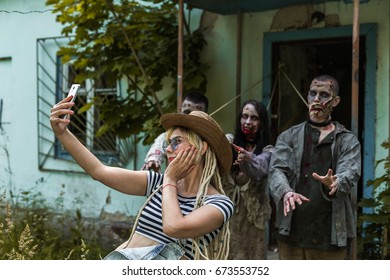 Selfie On A Background Of Zombies, Zombies Tied To An Abandoned House