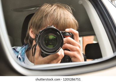 Selfie On Camera, Car Mirror