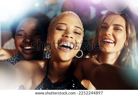 Selfie, party and happy disco women in nightclub for celebration, social media and rave or techno event. Influencer people or black woman with smile on face for portrait photography in night lights