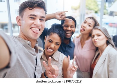 Selfie, Peace And Teamwork With A Team Of Business People Working In Collaboration And Taking A Picture Together. Motivation, Fun And Solidarity With A Group Of Work Friends Posing In The Office