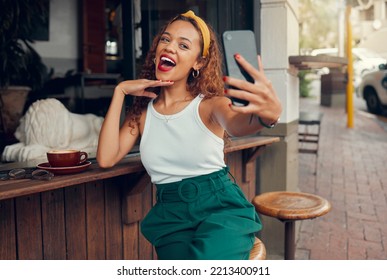 Selfie, Phone And Coffee Shop With A Black Woman Taking A Photograph For Social Media Post. 5g Mobile Technology, Cafe And App With A Female Customer Taking A Picture At An Outdoor Restaurant